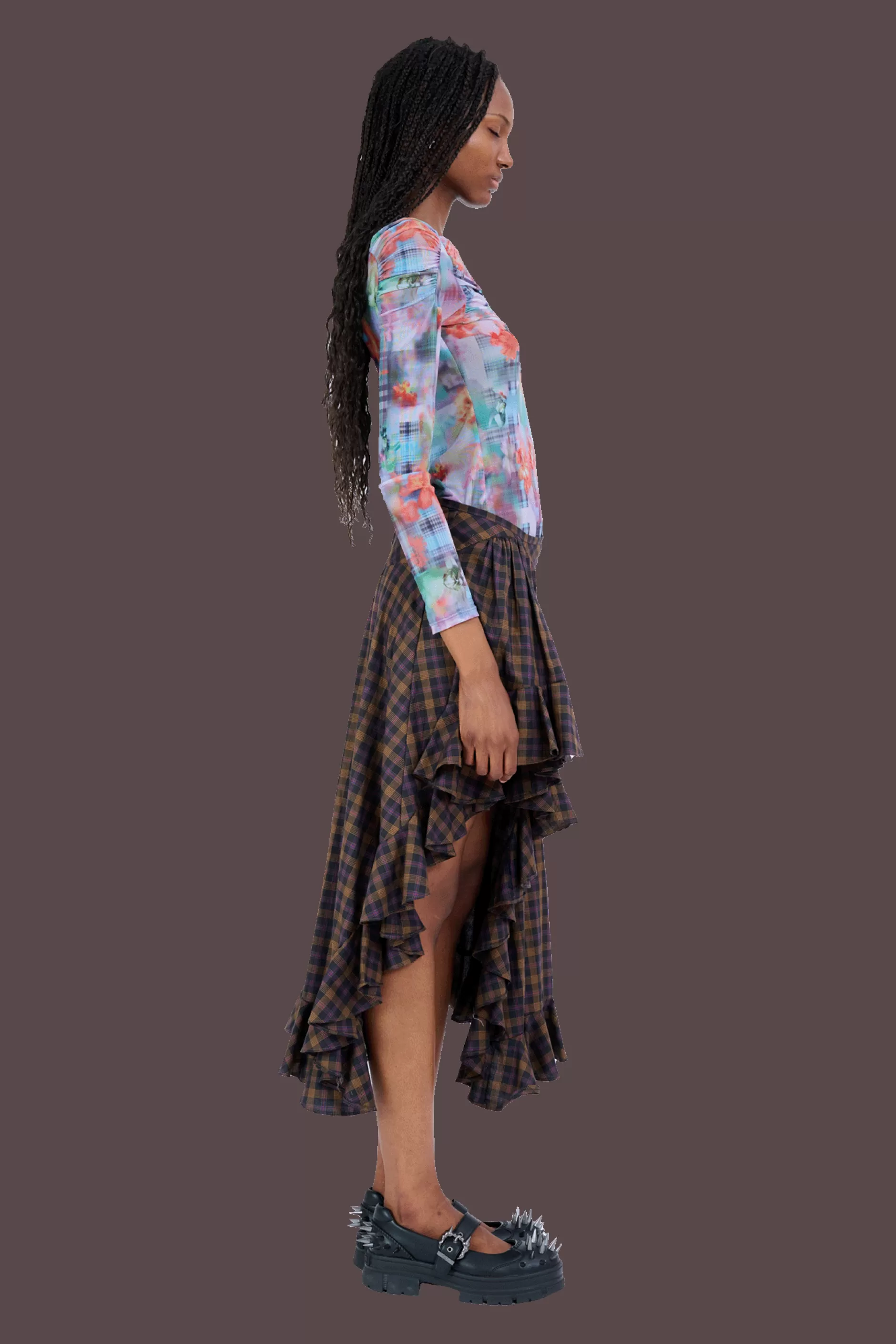 Collina Strada - Jupe évasée imprimé écossais noir avec motifs botaniques - Collection Printemps
