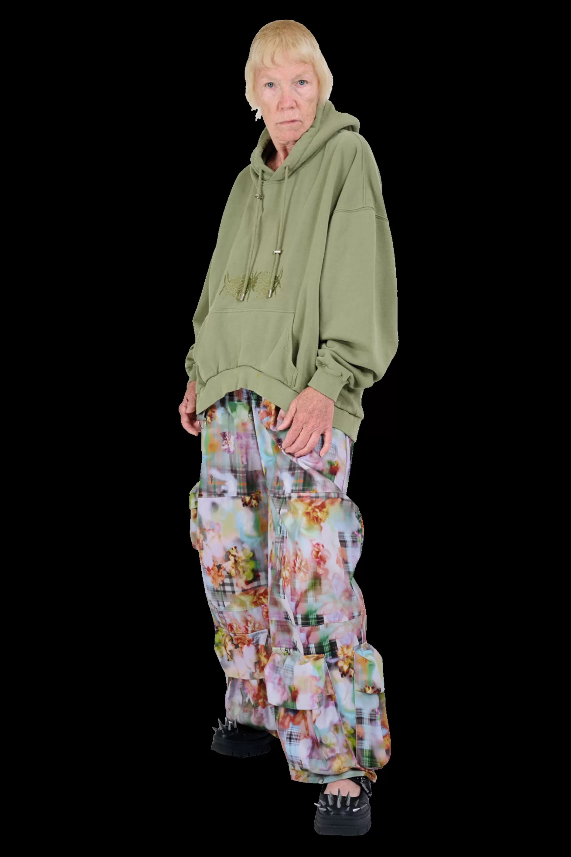 Sweat à capuche stylisée ourlet arrondi - Broderie strass vert sauge | Collection printemps-été Collina Strada - Élégance bohème et détails scintillants